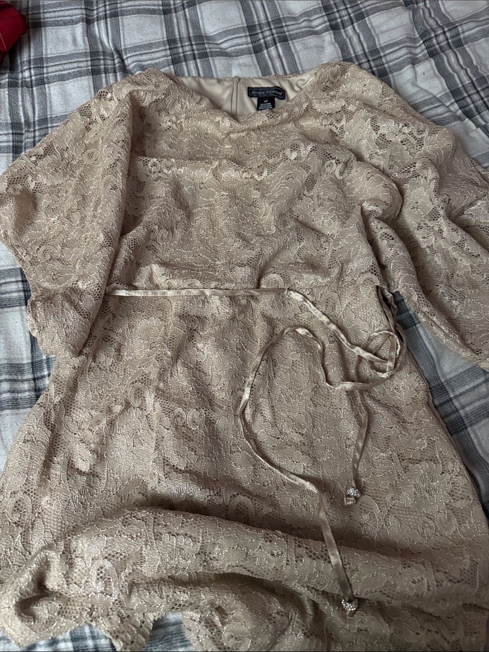Lace Scoop-Neck Sweater Dress with Satin Belt - Beige